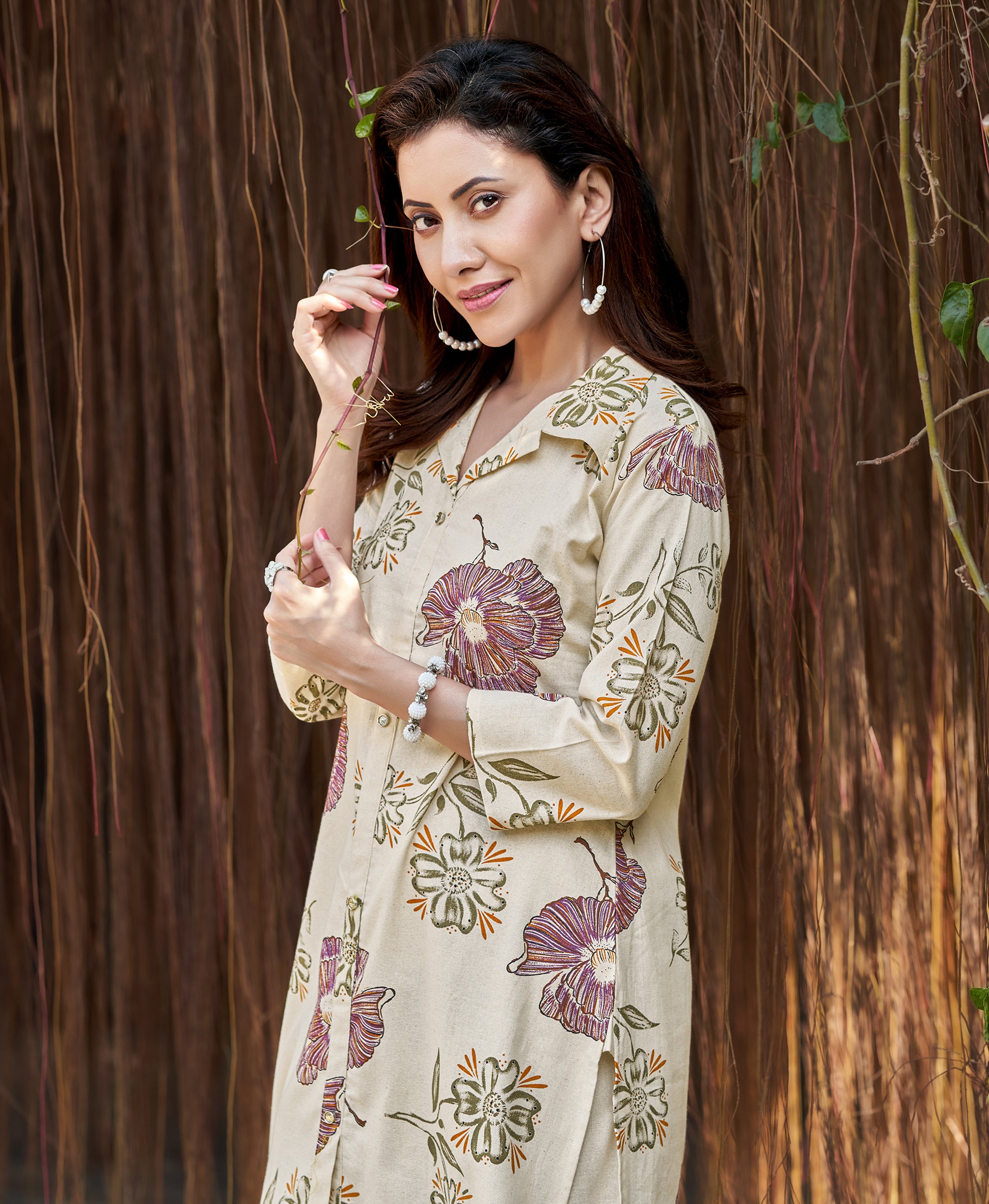 Khaki Cotton Blend Floral Printed Co-ord Set